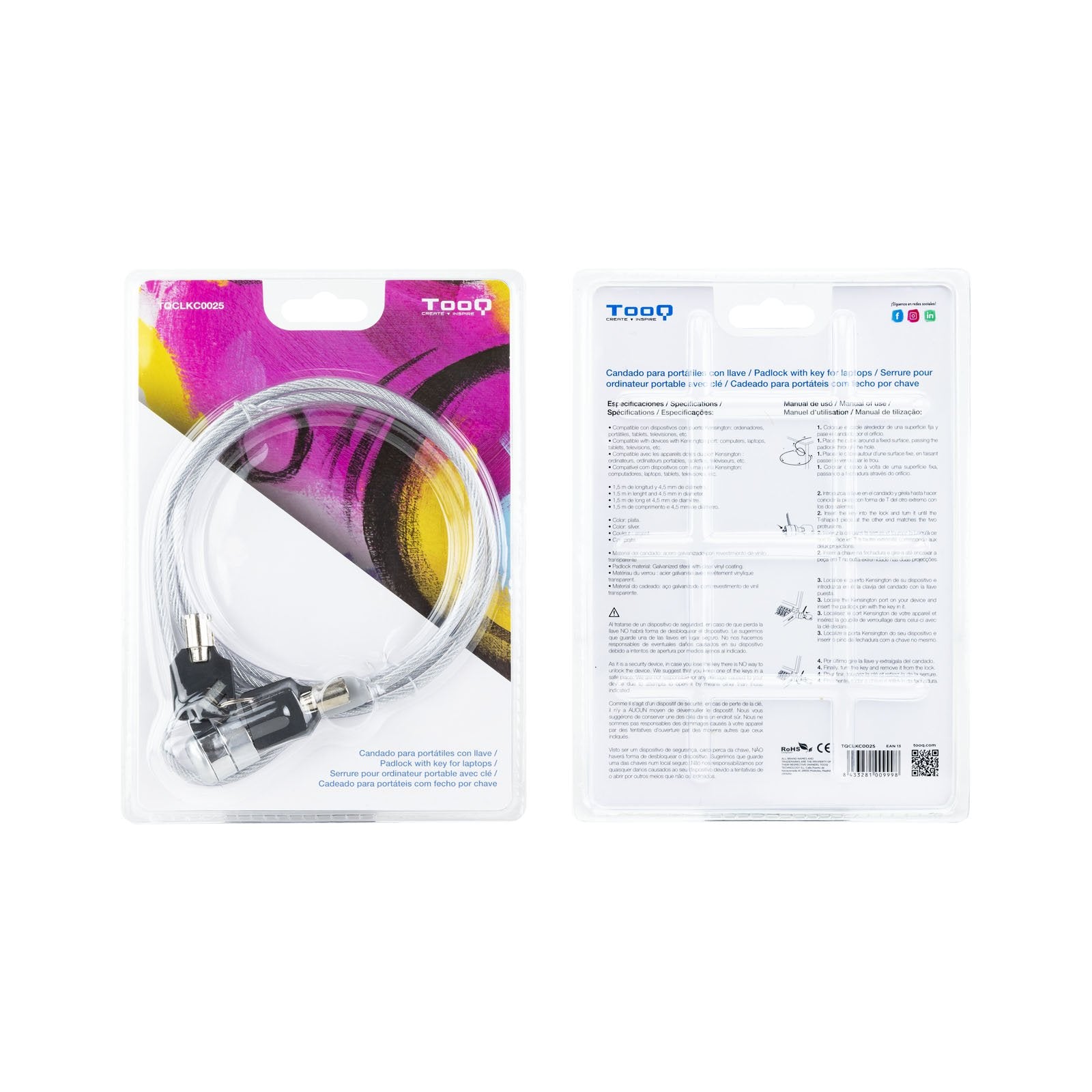Tooq Cable De Seguridad Universal Con Llave Para Portatiles - Acero 4.5mm - Longitud 1.50m - Imagen 10