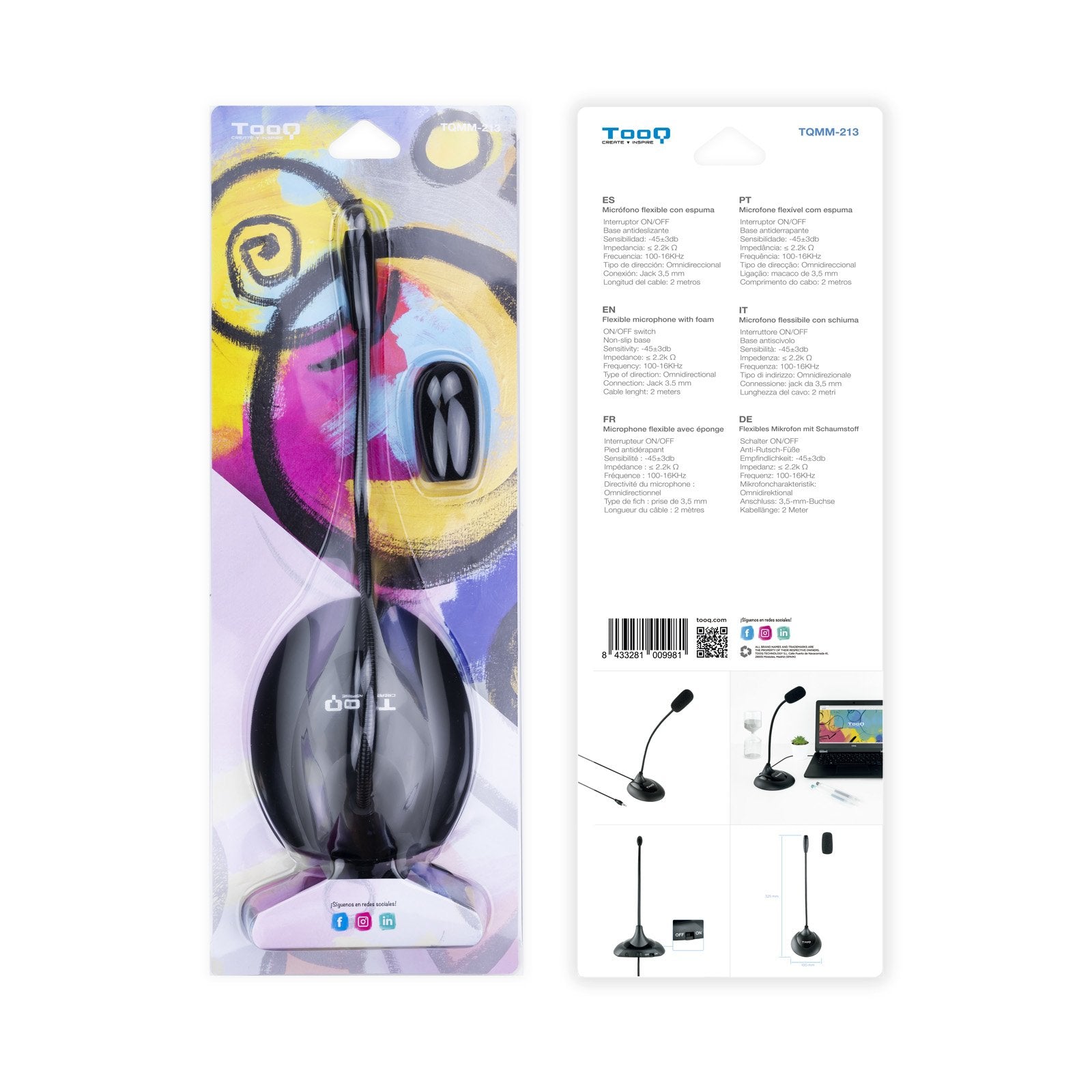 Tooq Microfono De Escritorio Flexible Omnidireccional - Interruptor On/Off - Cable De 2m - Jack 3.5mm - Negro - Imagen 6